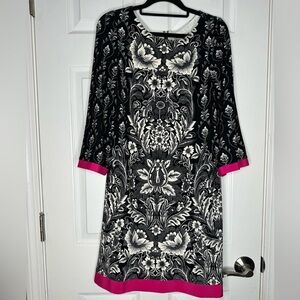 ELIZA J Black/White Floral Pattern‎ Shift Dress With Hot Pink Trim Size 4